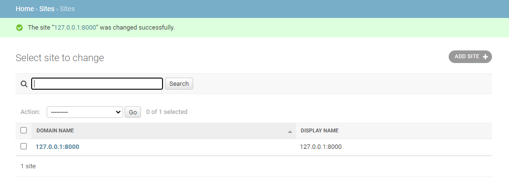 Site listed in Django admin