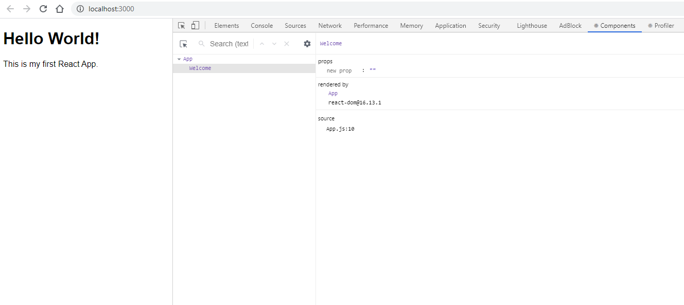 React App seen in Developer Tools with Facebook's React Chrome Extension