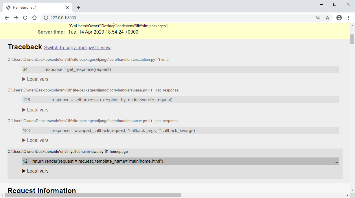 Django debug page traceback