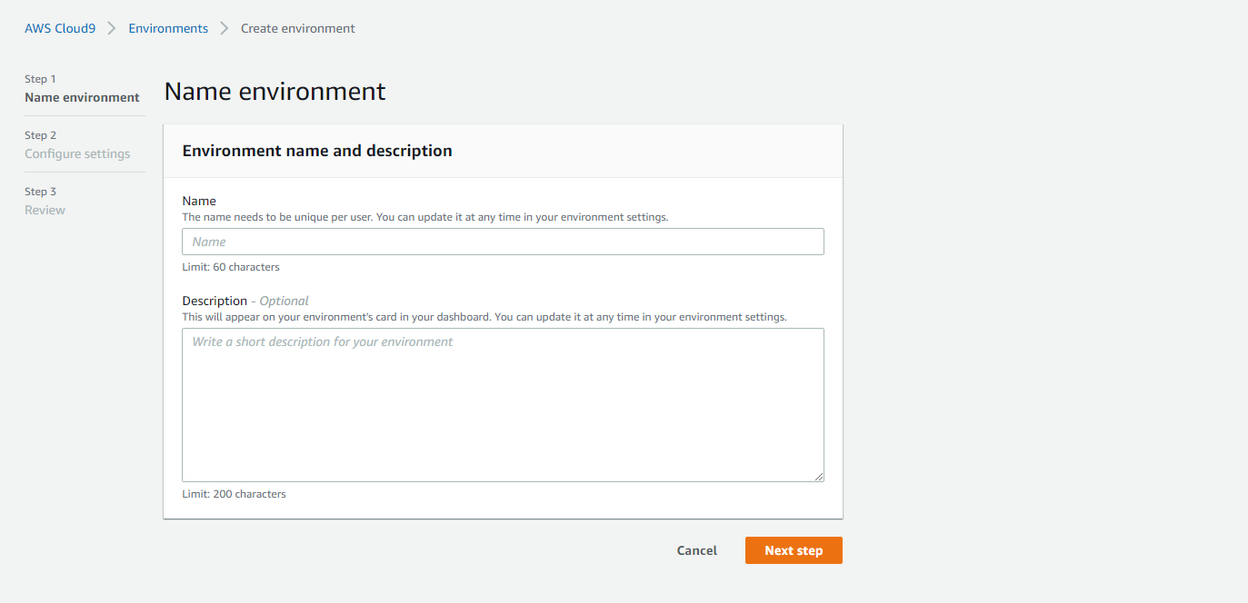 AWS Cloud9 create environment name