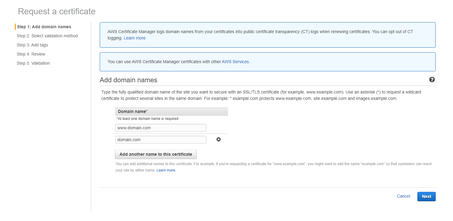 Add domains to AWS certificate