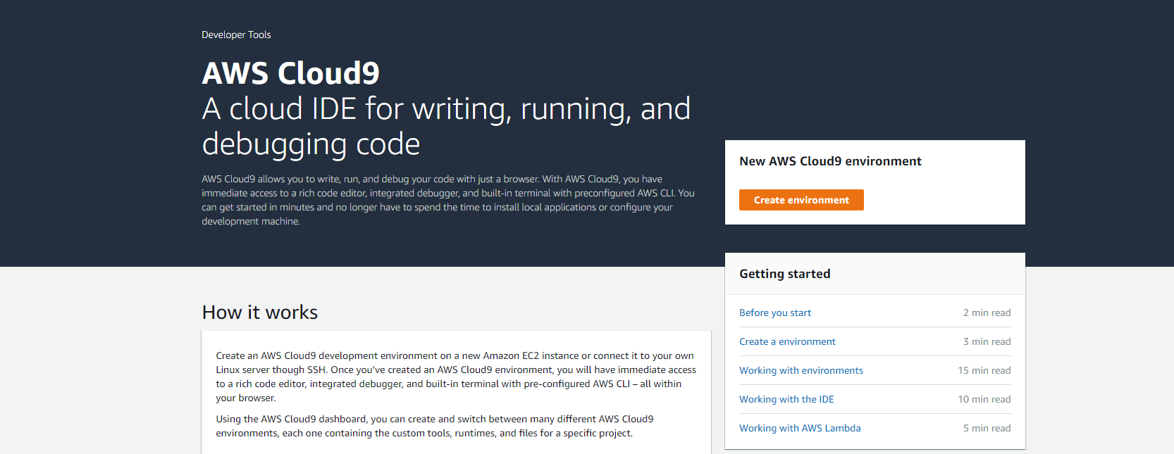 AWS Cloud9 homepage