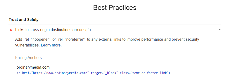 Google Lighthouse Best Practices opportunities expanded