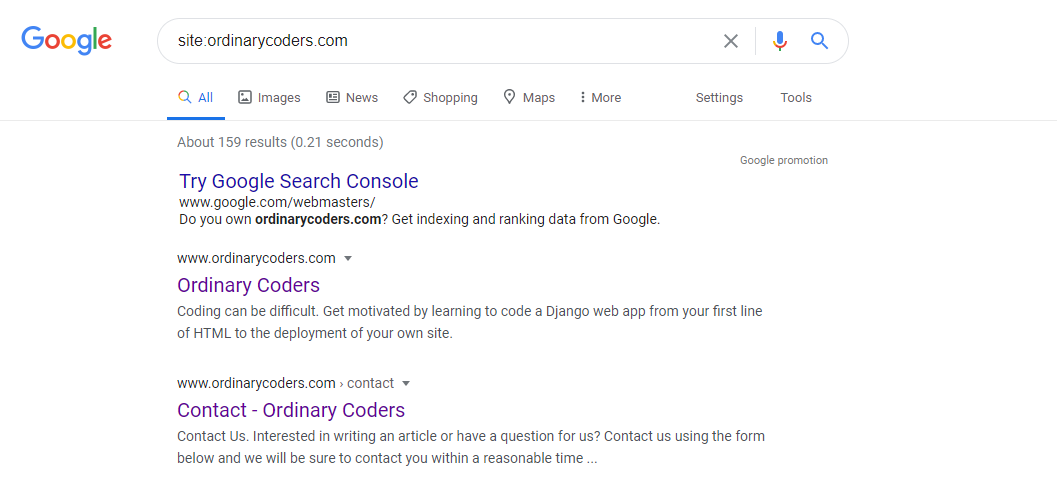 Google site search results for Ordinary Coders