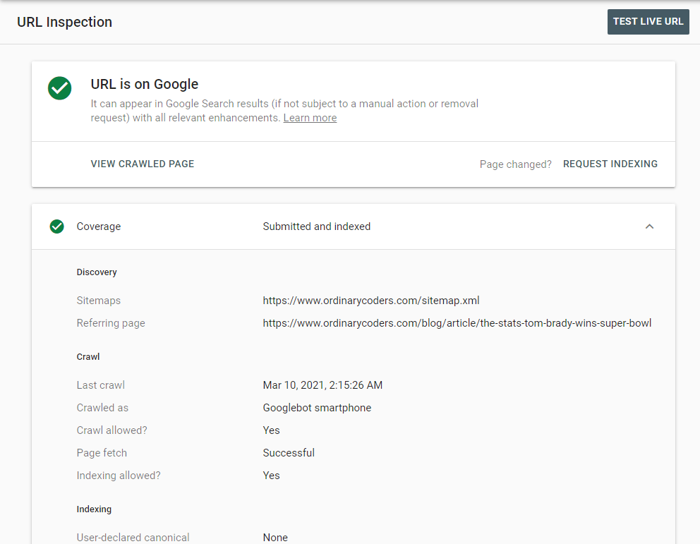 Google Search Console URL inspection