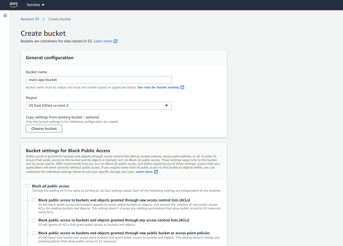 S3 bucket for your react app