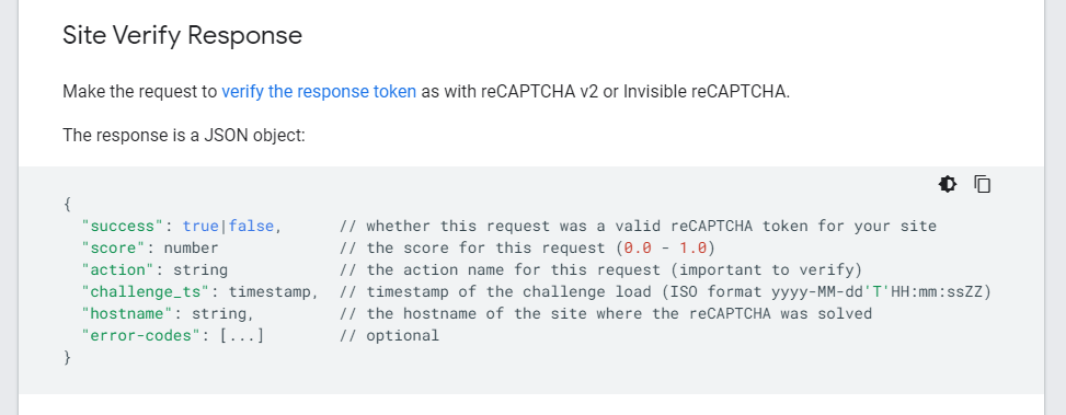 reCAPTCHA JSON object response