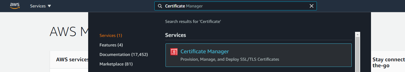 AWS Search Certificate Manager Service