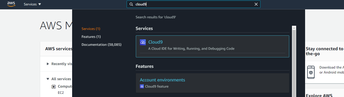 AWS search for Cloud9